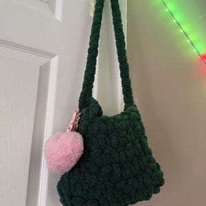 Homemade Crochet Green Textured Women's Bag with Pink Accent